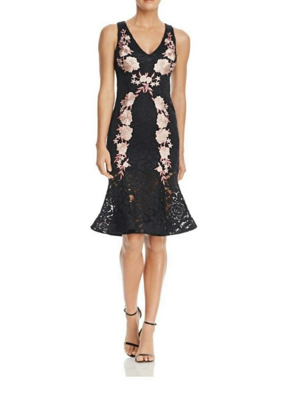 NWT Betsy & Adam Black Lace Midi Dress with Pink Floral Embroidery Size 2
